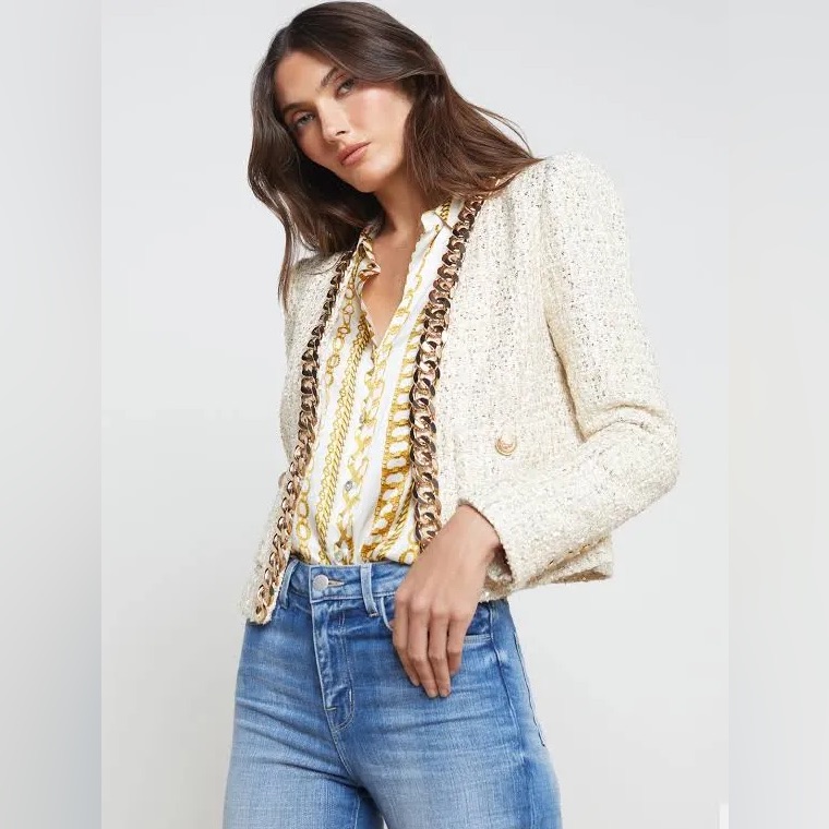 L'agence Greta Champagne Gold Tweed Jacket With Gold Chain Trim Size 2